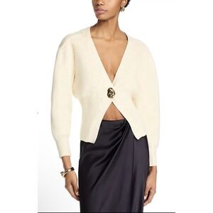 Fore Balloon Sleeve Cardigan Sweater  Ivory Size Small Gold Button Ribbed